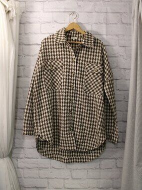 Aaron & Amber Shirt Jacket Large Brown White Houndstooth Check Button Front Fall